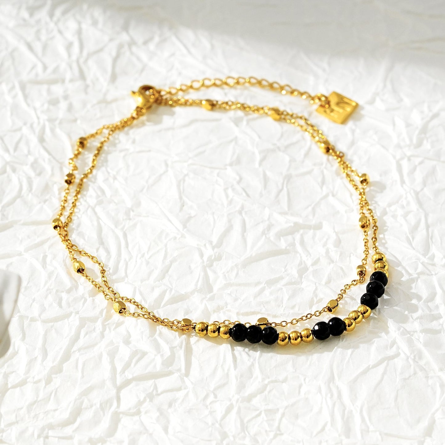 HILDA LG: Two-in-One Square Beads & Round Beads in Black & Gold Anklet. - Velora Luxury Fashion