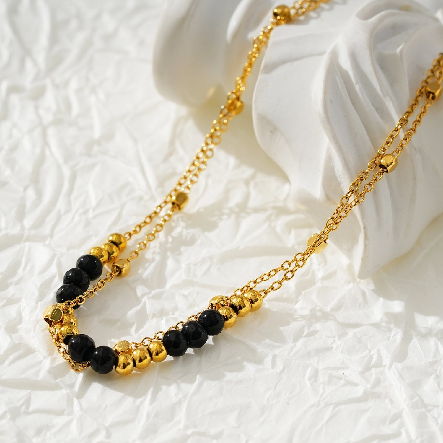 HILDA LG: Two-in-One Square Beads & Round Beads in Black & Gold Anklet. - Velora Luxury Fashion