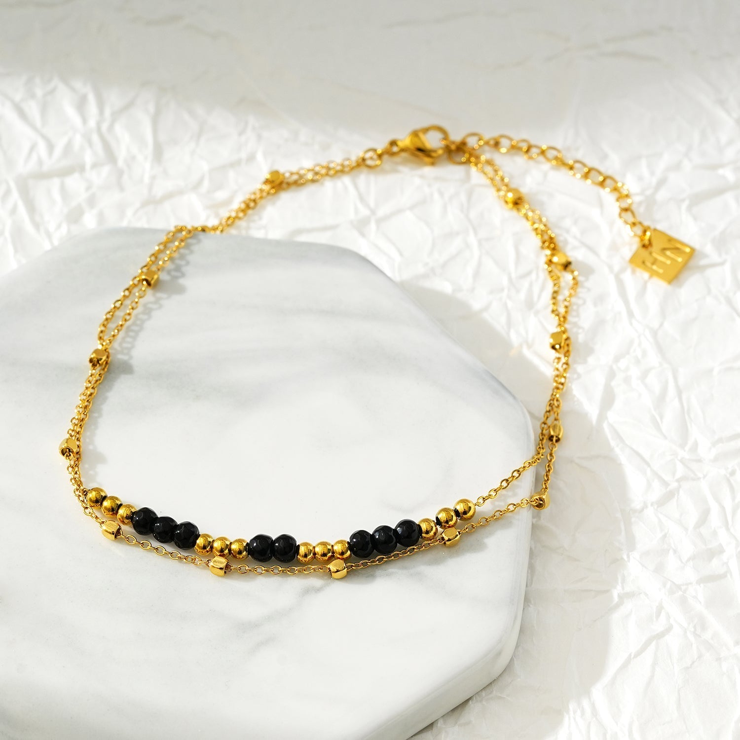 HILDA LG: Two-in-One Square Beads & Round Beads in Black & Gold Anklet. - Velora Luxury Fashion