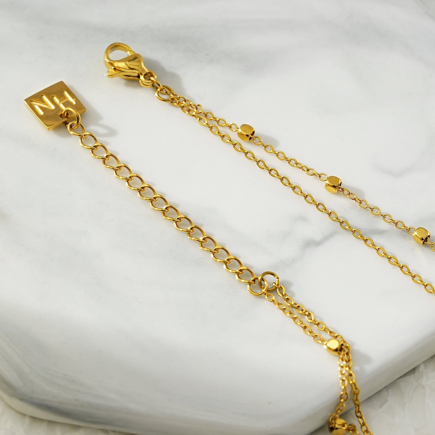 HILDA LG: Two-in-One Square Beads & Round Beads in Black & Gold Anklet. - Velora Luxury Fashion
