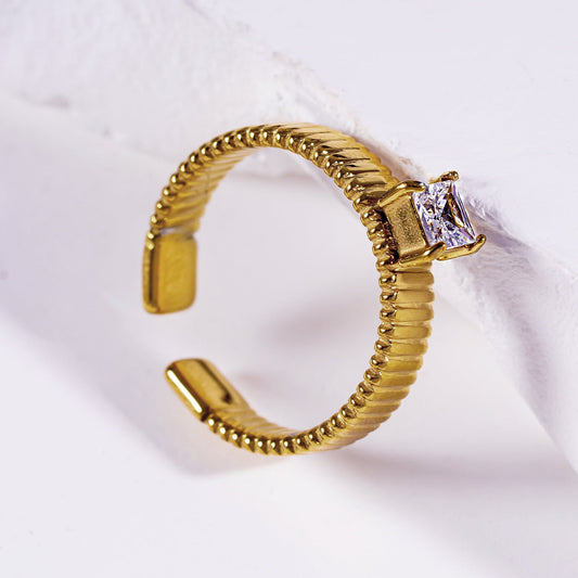 HIRAYA: Textured Block Band Ring with a Square Zirconia Centerpiece - Velora Luxury Fashion