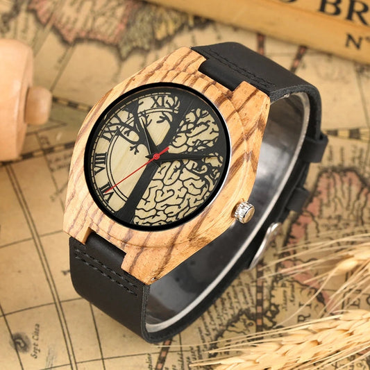Retro Clock Wood Watch Men's Life Tree Design Clock Man Fashion Casual Genuine Leather Band Quartz Wristwatch reloj para hombre - Velora