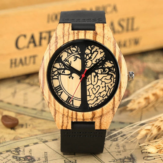 Retro Clock Wood Watch Men's Life Tree Design Clock Man Fashion Casual Genuine Leather Band Quartz Wristwatch reloj para hombre - Velora