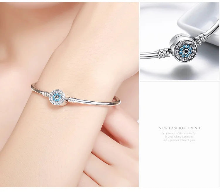 Protective Blue Evil Eye Sterling Silver Bracelet Bangle - Velora