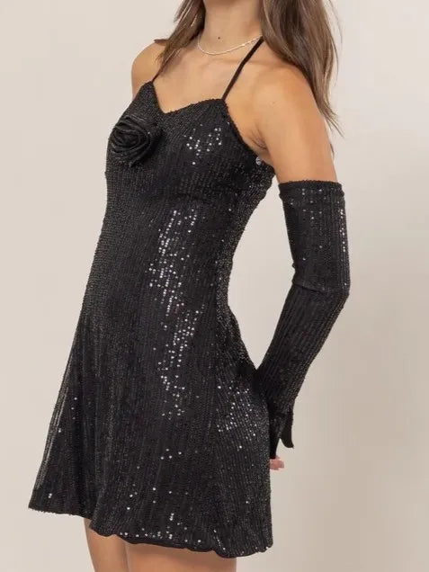 HYFVE Sequin Rosette Halter Mini Dress - Velora Luxury Fashion