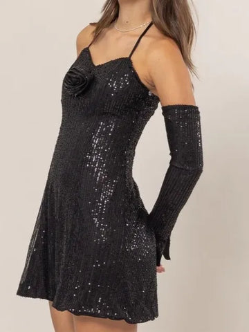 HYFVE Sequin Rosette Halter Mini Dress - Velora Luxury Fashion