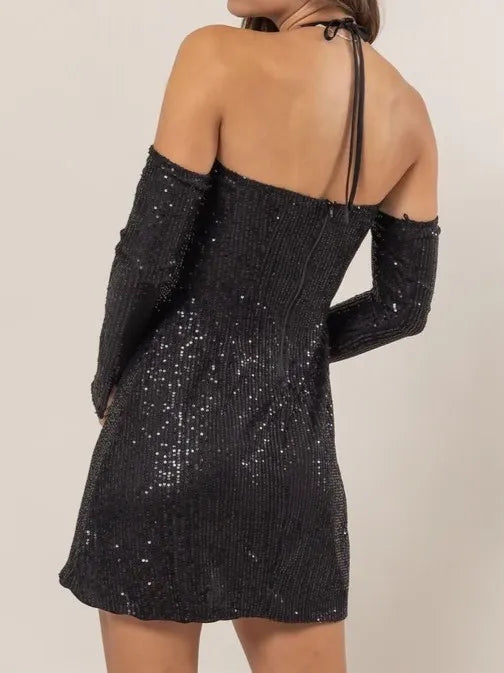 HYFVE Sequin Rosette Halter Mini Dress - Velora Luxury Fashion