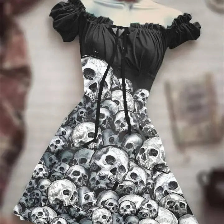 Halloween 3D Skull Print Women's Short Sleeve A- Line Skirt EX-STOCK Canada