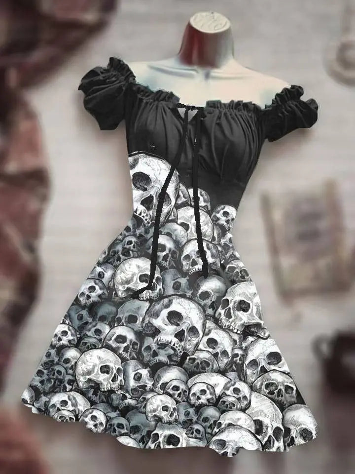 Halloween 3D Skull Print Women's Short Sleeve A- Line Skirt EX-STOCK Canada