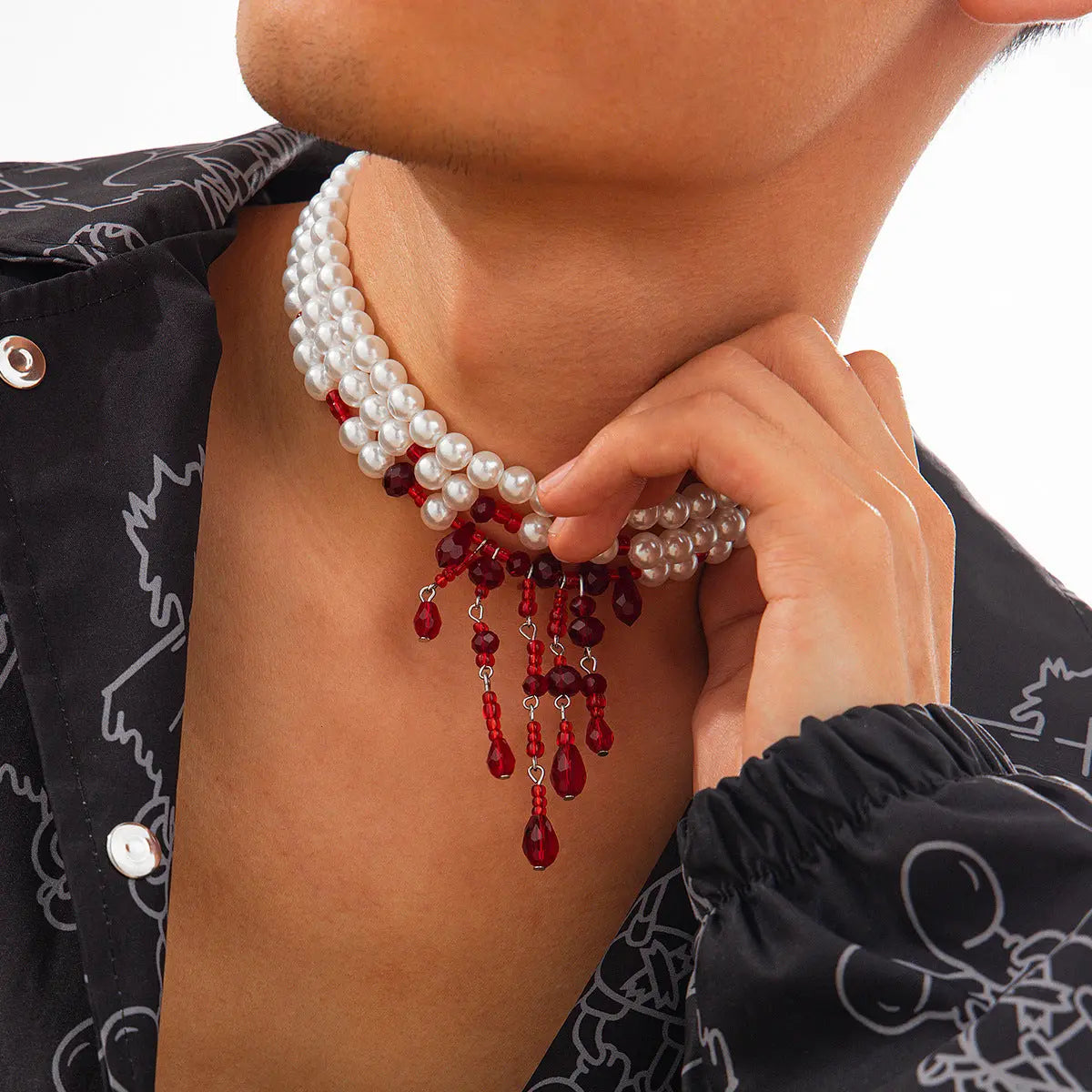 Halloween Blood Drop Tassel Pearl Crystal Necklace - Velora
