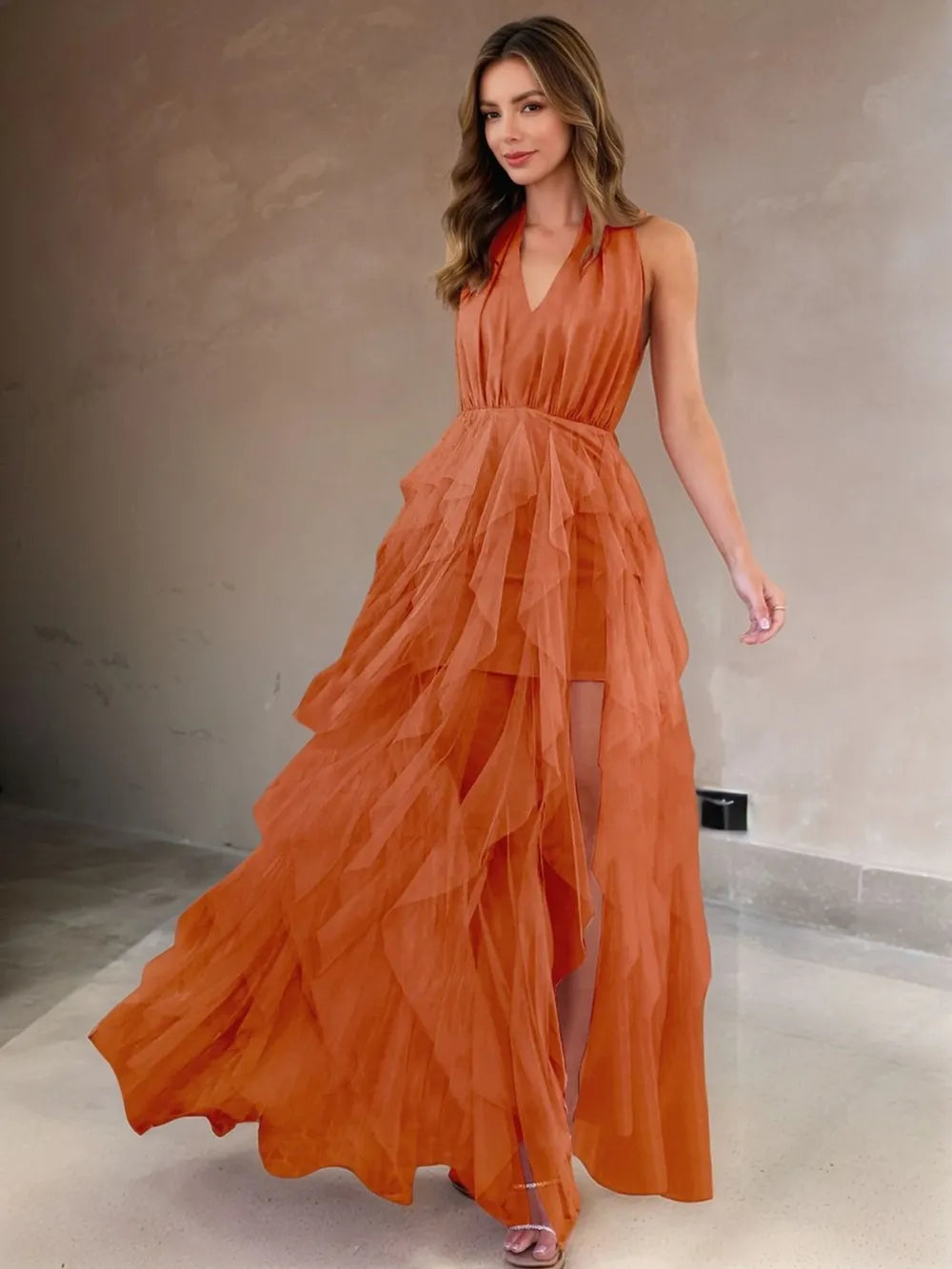 Halter Neck Irregular Mesh Dress - Velora Luxury Fashion