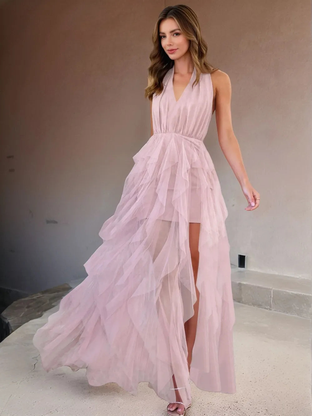 Halter Neck Irregular Mesh Dress - Velora Luxury Fashion