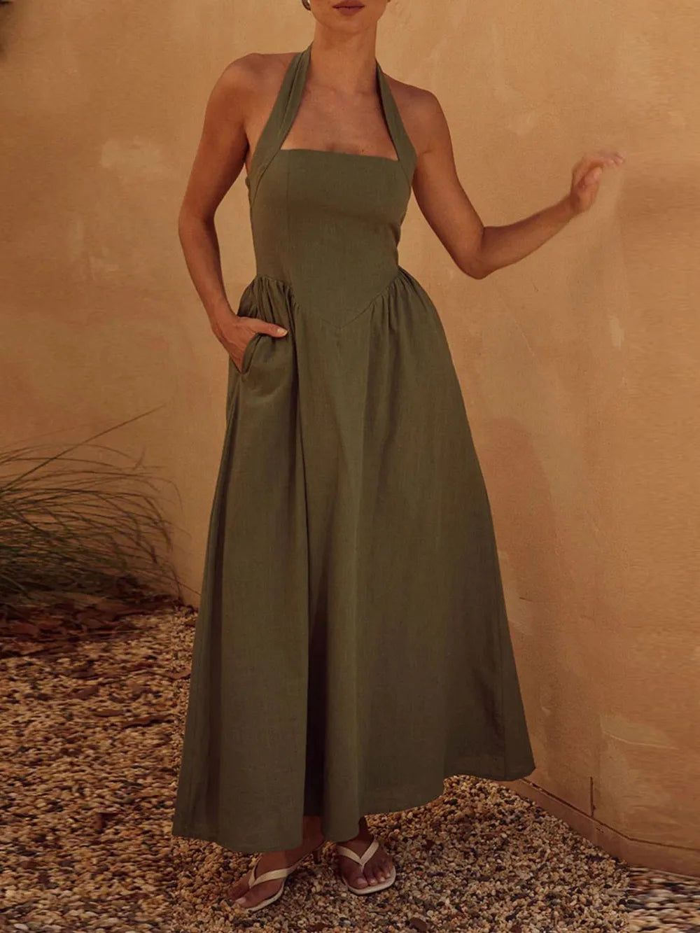 Halter Neck Maxi Dress with Pockets - Velora Luxury Fashion