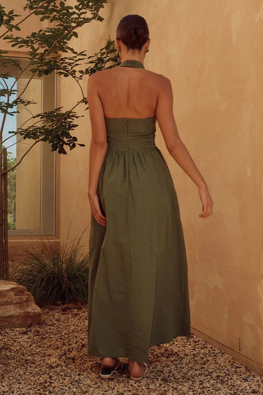 Halter Neck Maxi Dress with Pockets - Velora Luxury Fashion