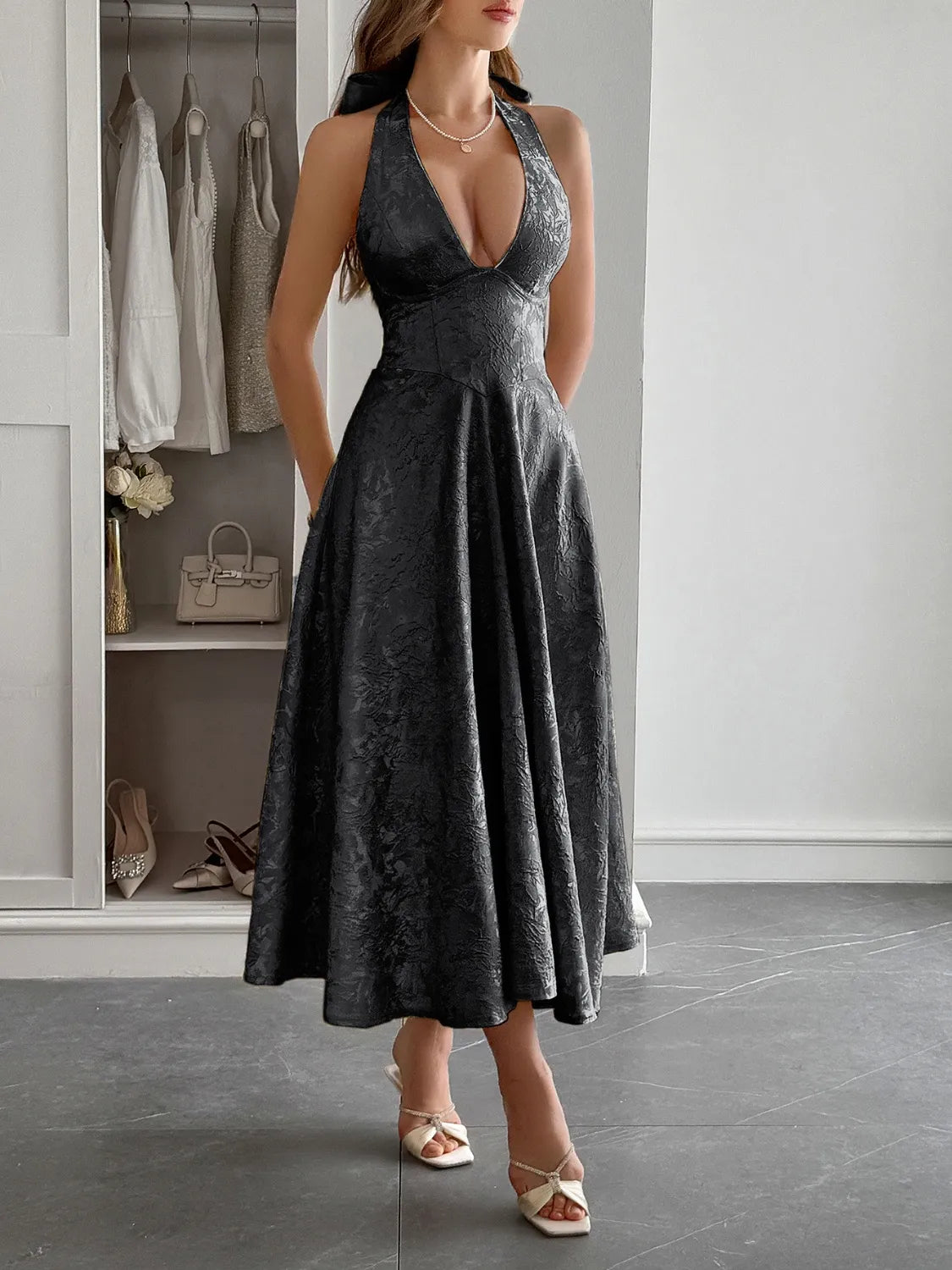 Halter Neck Midi Dress with Pockets - Velora Luxury Fashion