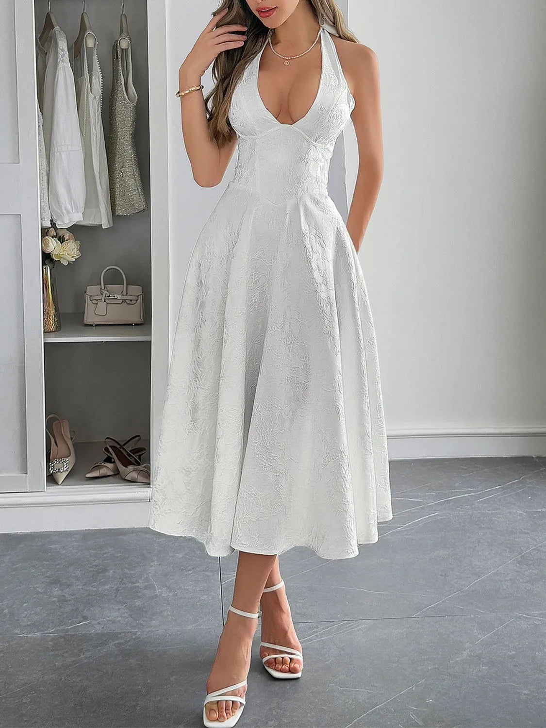 Halter Neck Midi Dress with Pockets - Velora Luxury Fashion