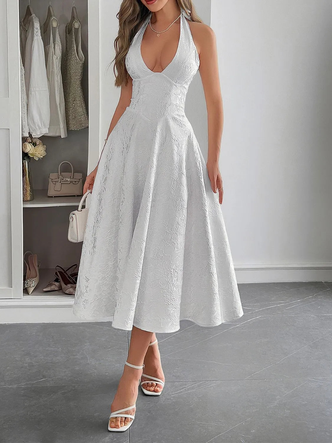 Halter Neck Midi Dress with Pockets - Velora Luxury Fashion