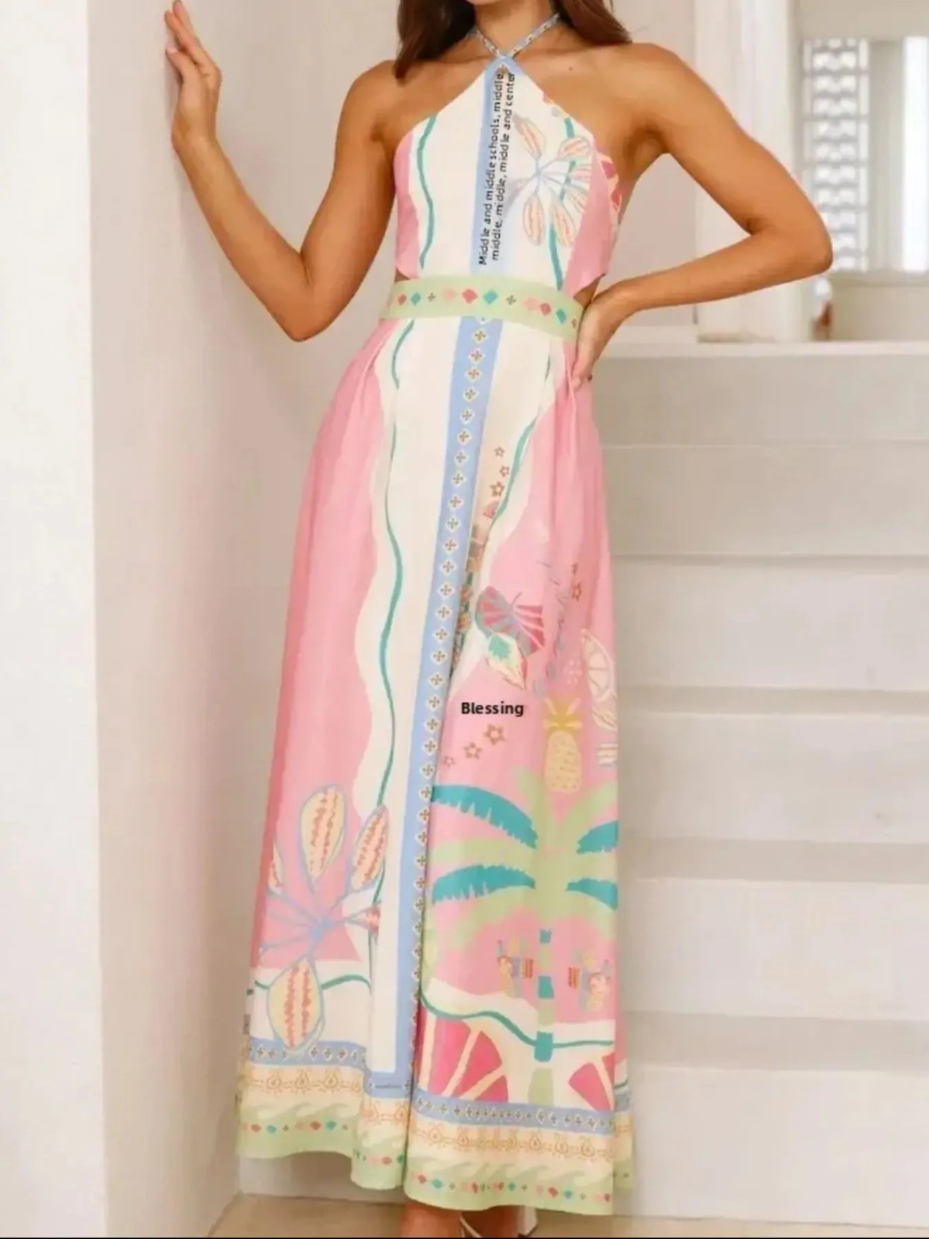Halter Neck Printed Maxi Dress - Velora Luxury Fashion