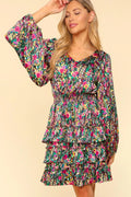 Haptics V-Neck Satin Floral Layered Dress - Velora Luxury Fashion