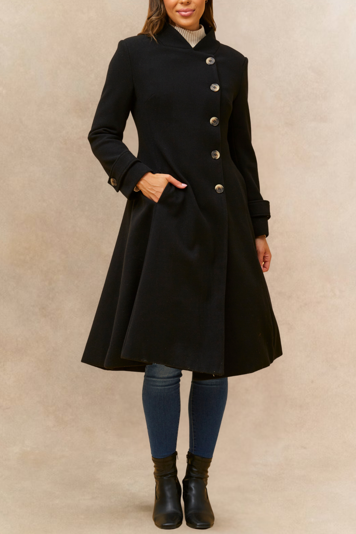Harper Retro Flared Coat Side Buttons Elegant - Velora Luxury Fashion