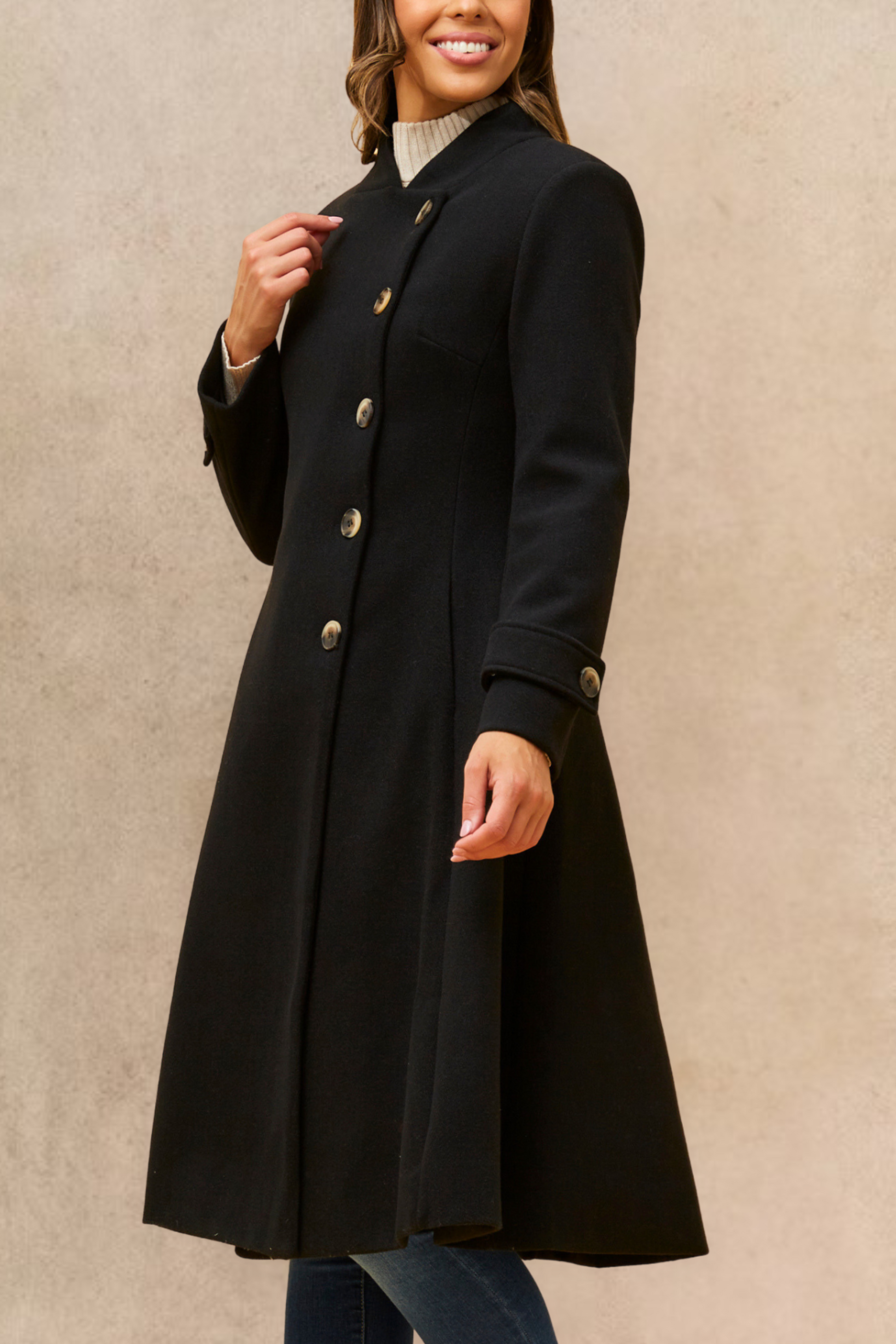 Harper Retro Flared Coat Side Buttons Elegant - Velora Luxury Fashion