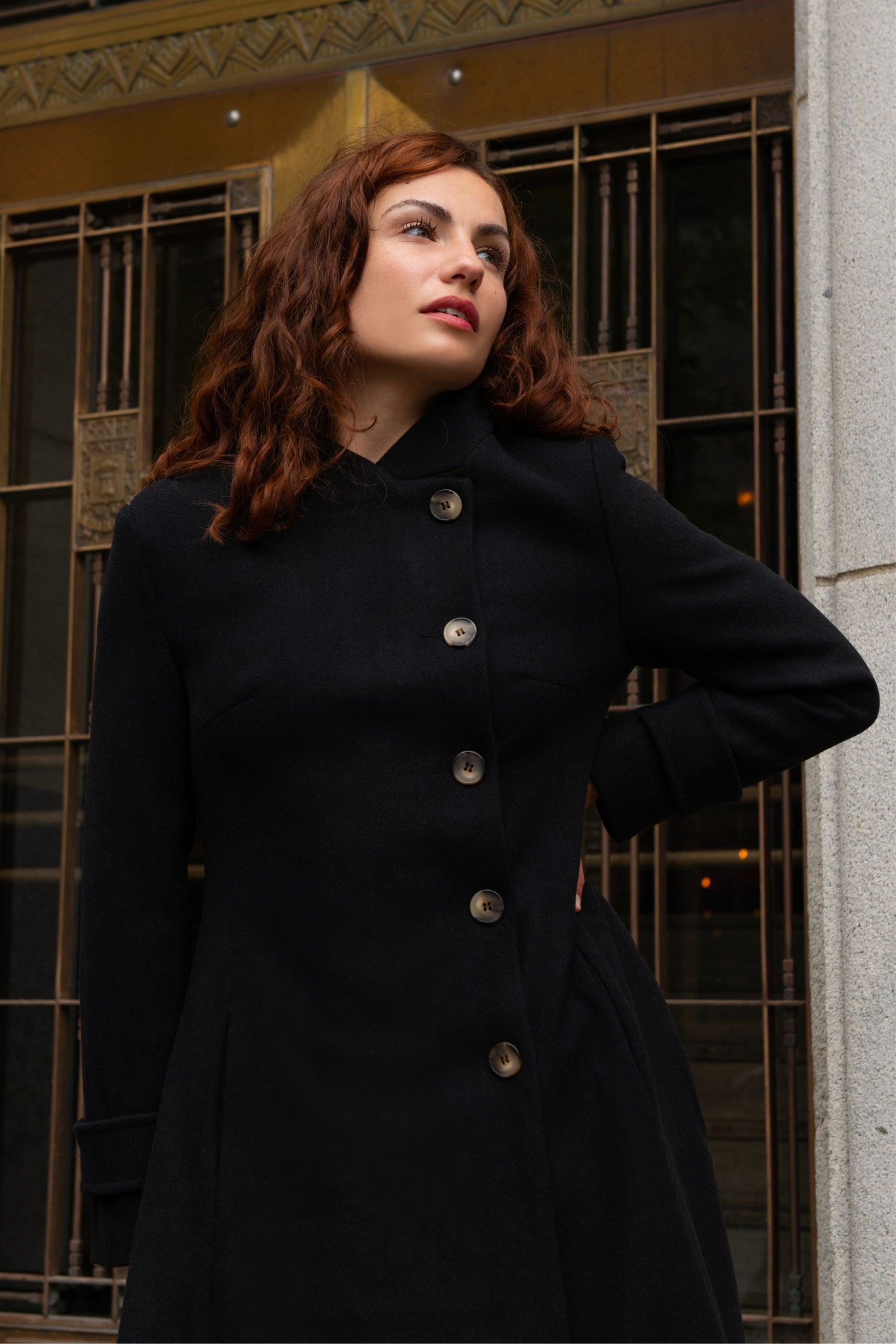 Harper Retro Flared Coat Side Buttons Elegant - Velora Luxury Fashion