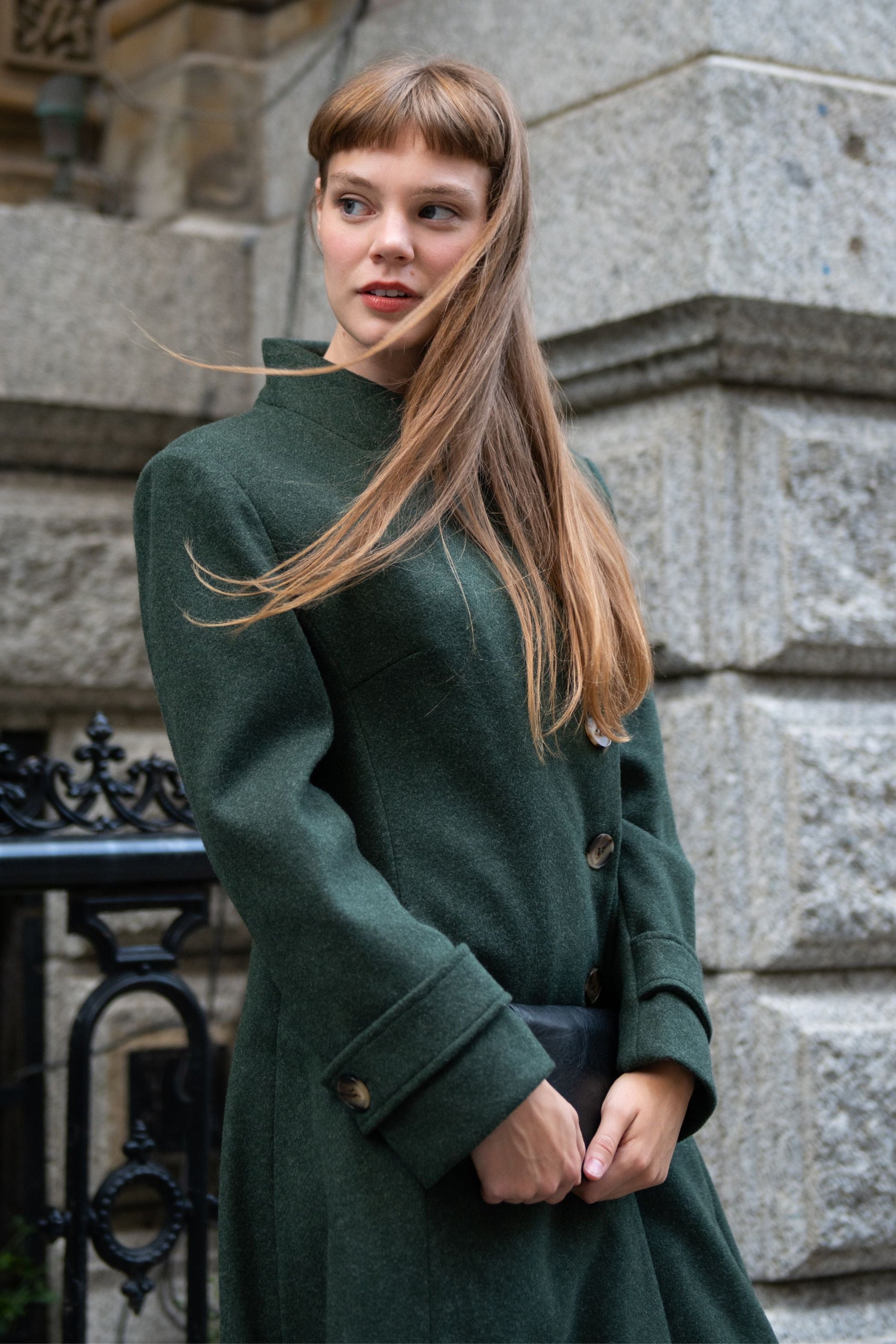 Harper Retro Flared Coat Side Buttons Elegant - Velora Luxury Fashion