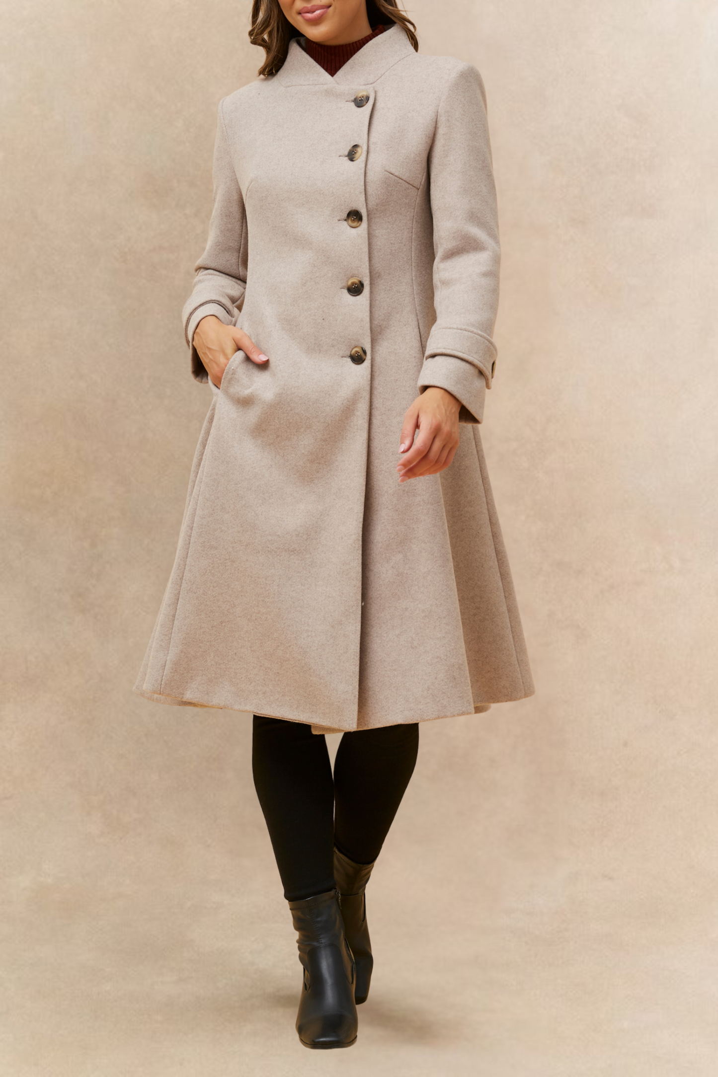 Harper Retro Flared Coat Side Buttons Elegant - Velora Luxury Fashion