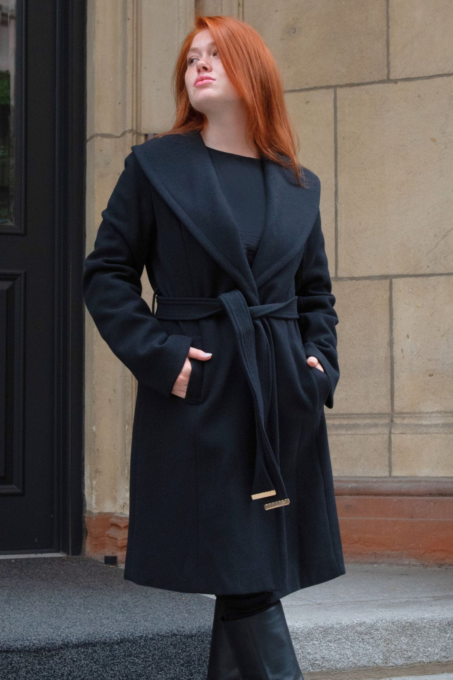 Hazel Black Wrap Coat Shawl Collar Belted With Pockets - Velora Luxury Fashion