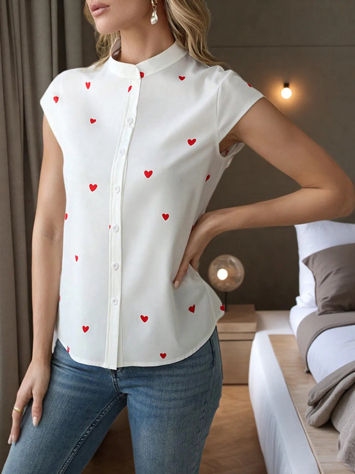Heart Print Cap Sleeve Button-Up Shirt - Velora Luxury Fashion