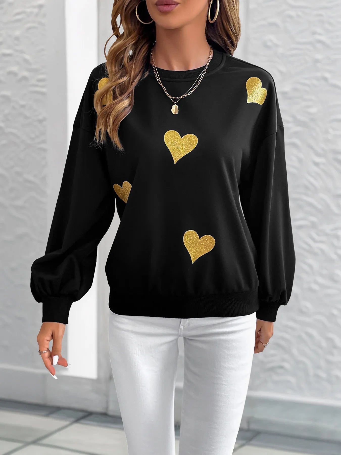 Heart Print Long Sleeve Sweatshirt - Velora Luxury Fashion