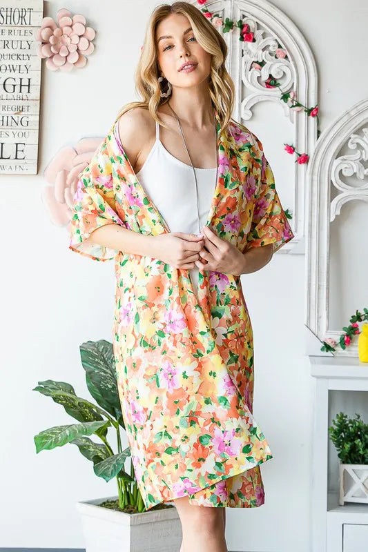 Heimish Full Size Half Sleeve Multi Color Floral Open Cardigan Plus Size - Velora Luxury Fashion