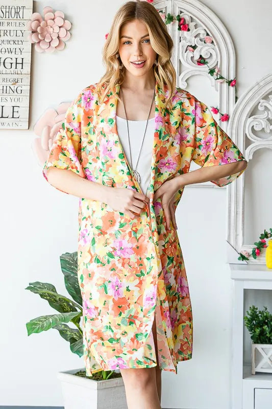 Heimish Full Size Half Sleeve Multi Color Floral Open Cardigan Plus Size - Velora Luxury Fashion