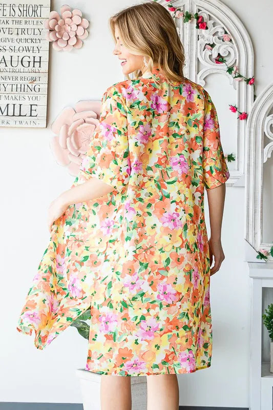 Heimish Full Size Half Sleeve Multi Color Floral Open Cardigan Plus Size - Velora Luxury Fashion