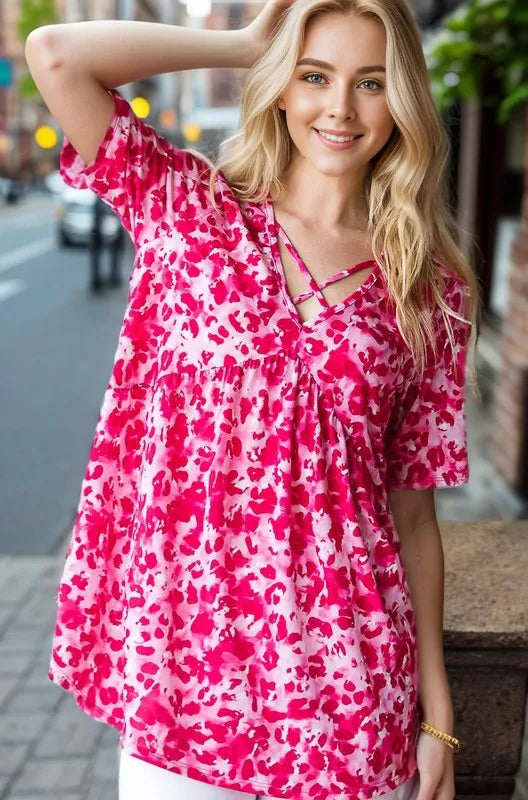 Heimish Full Size Short Sleeve Crisscross Animal Babydoll Top Plus Size - Velora Luxury Fashion