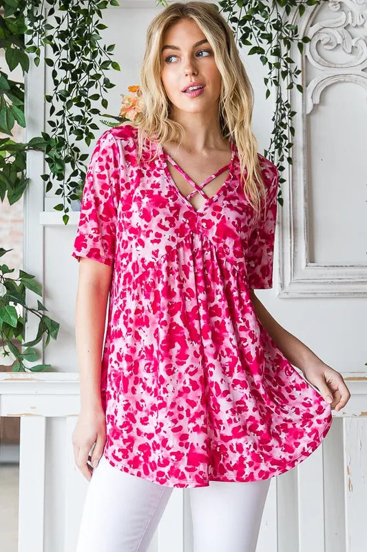 Heimish Full Size Short Sleeve Crisscross Animal Babydoll Top Plus Size - Velora Luxury Fashion