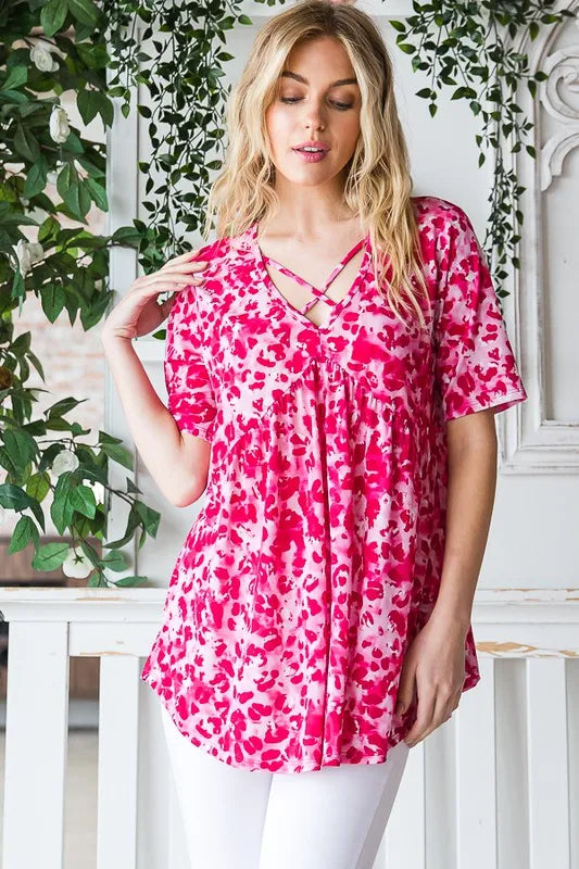 Heimish Full Size Short Sleeve Crisscross Animal Babydoll Top Plus Size - Velora Luxury Fashion