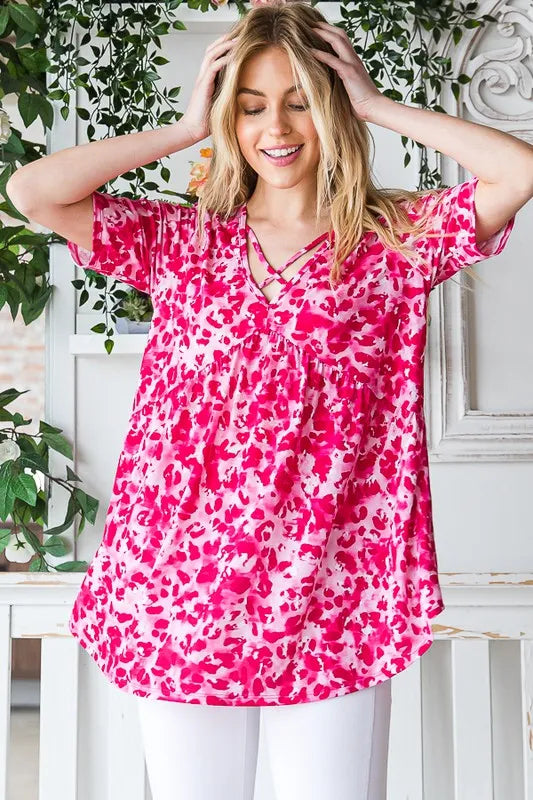 Heimish Full Size Short Sleeve Crisscross Animal Babydoll Top Plus Size - Velora Luxury Fashion