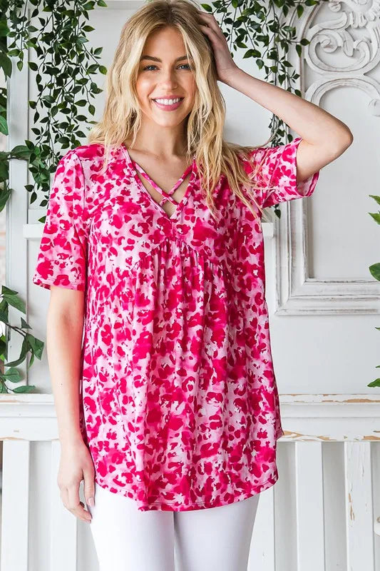 Heimish Full Size Short Sleeve Crisscross Animal Babydoll Top Plus Size - Velora Luxury Fashion