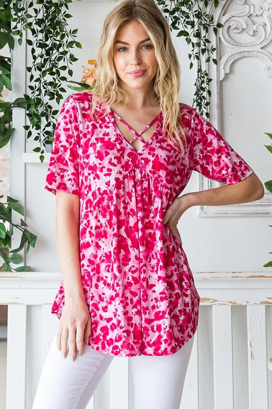 Heimish Full Size Short Sleeve Crisscross Animal Babydoll Top Plus Size - Velora Luxury Fashion