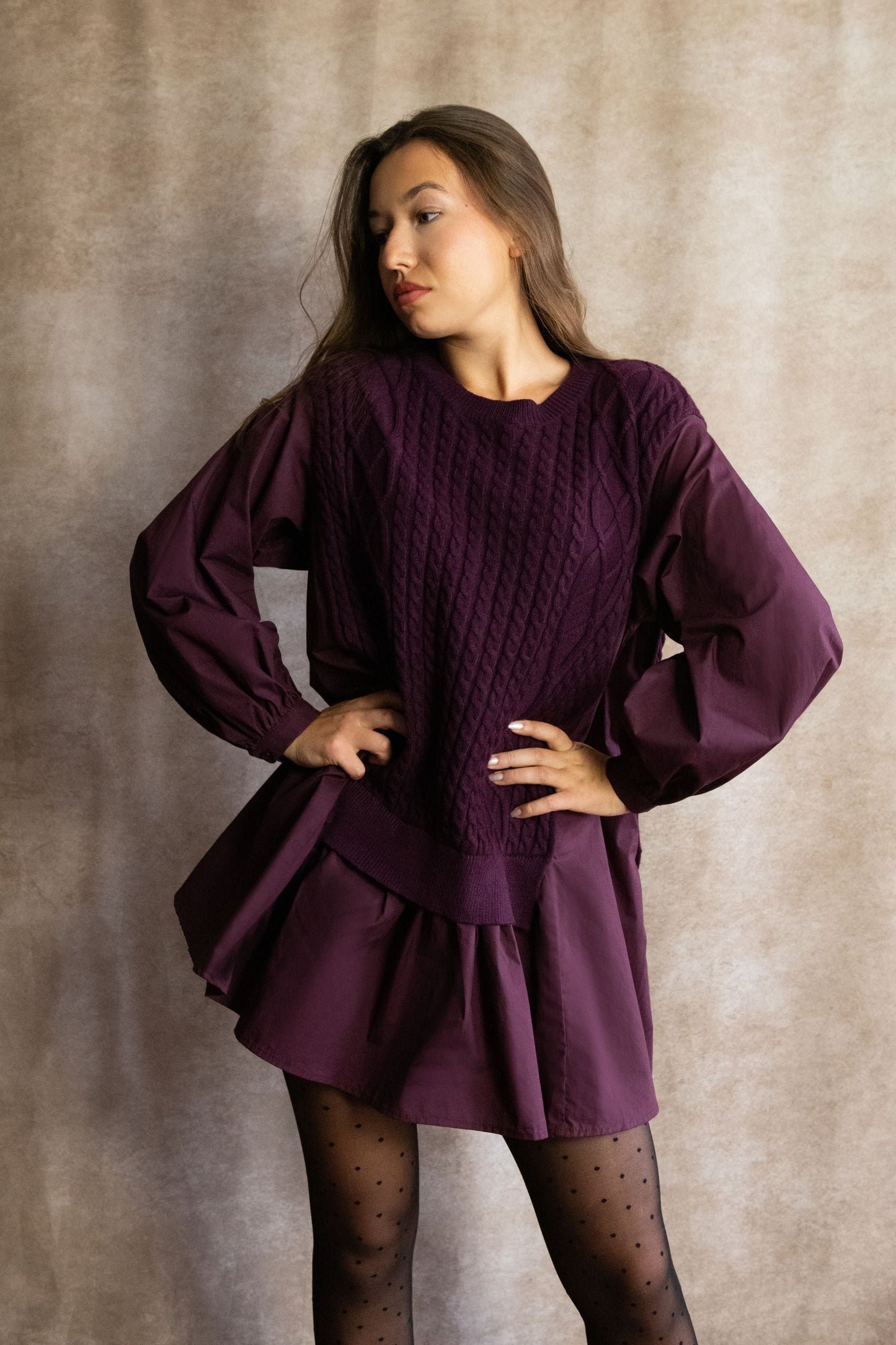 Helga Oversize Faux Layer Tunic Shirt Dress Cable Knit Sweater Trendy - Velora Luxury Fashion