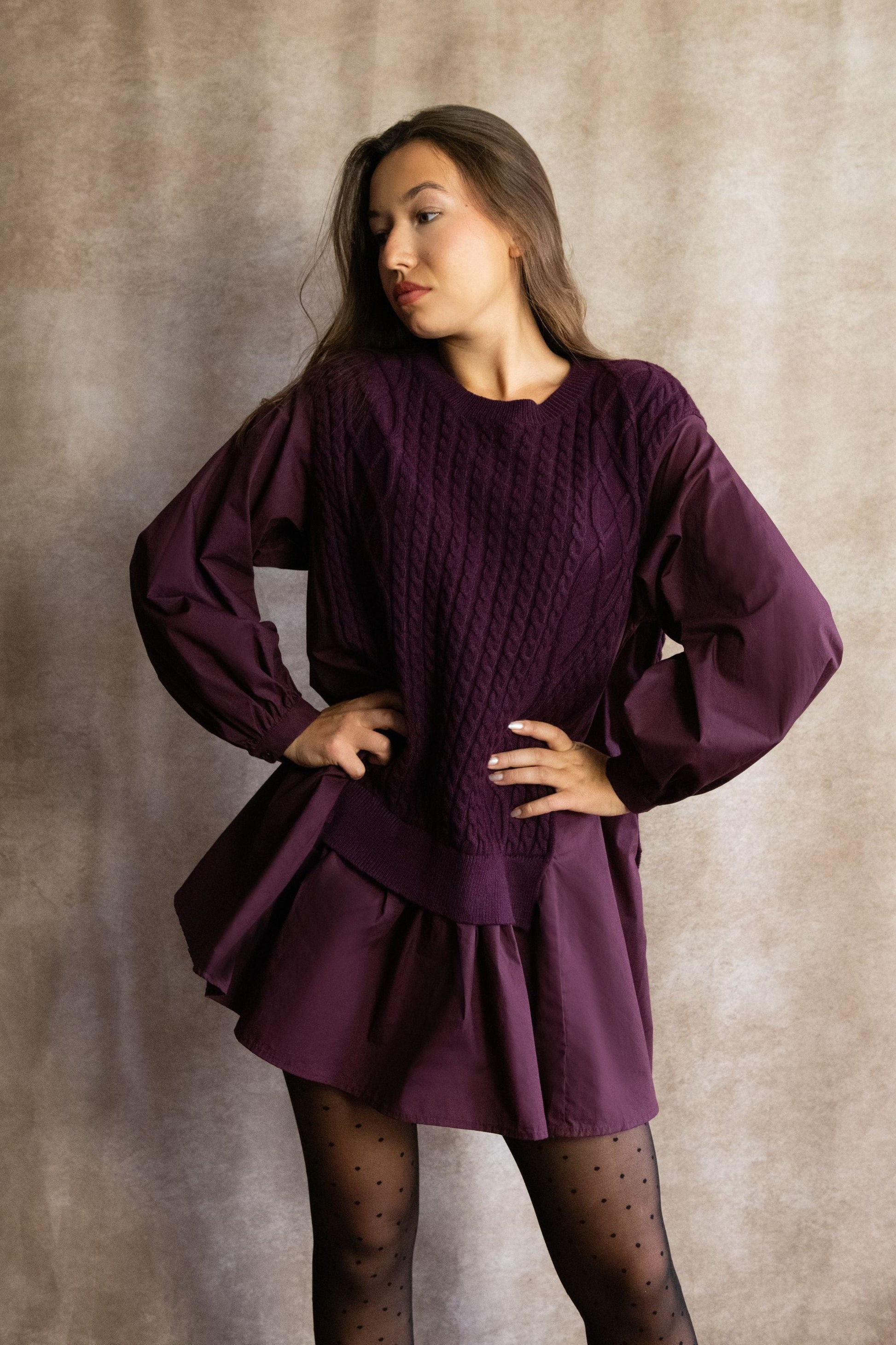 Helga Oversize Faux Layer Tunic Shirt Dress Cable Knit Sweater Trendy - Velora Luxury Fashion