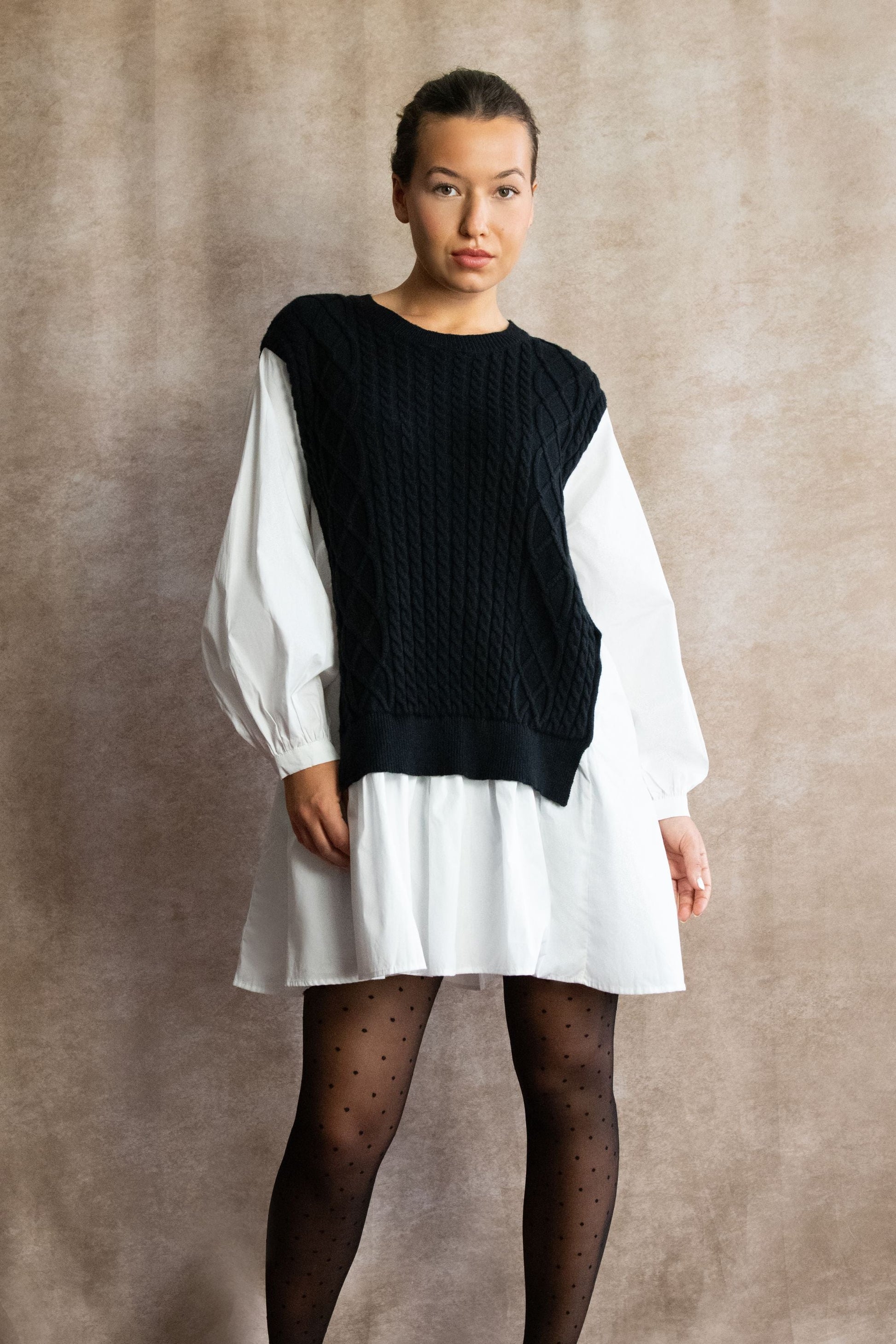 Helga Oversize Faux Layer Tunic Shirt Dress Cable Knit Sweater Trendy - Velora Luxury Fashion