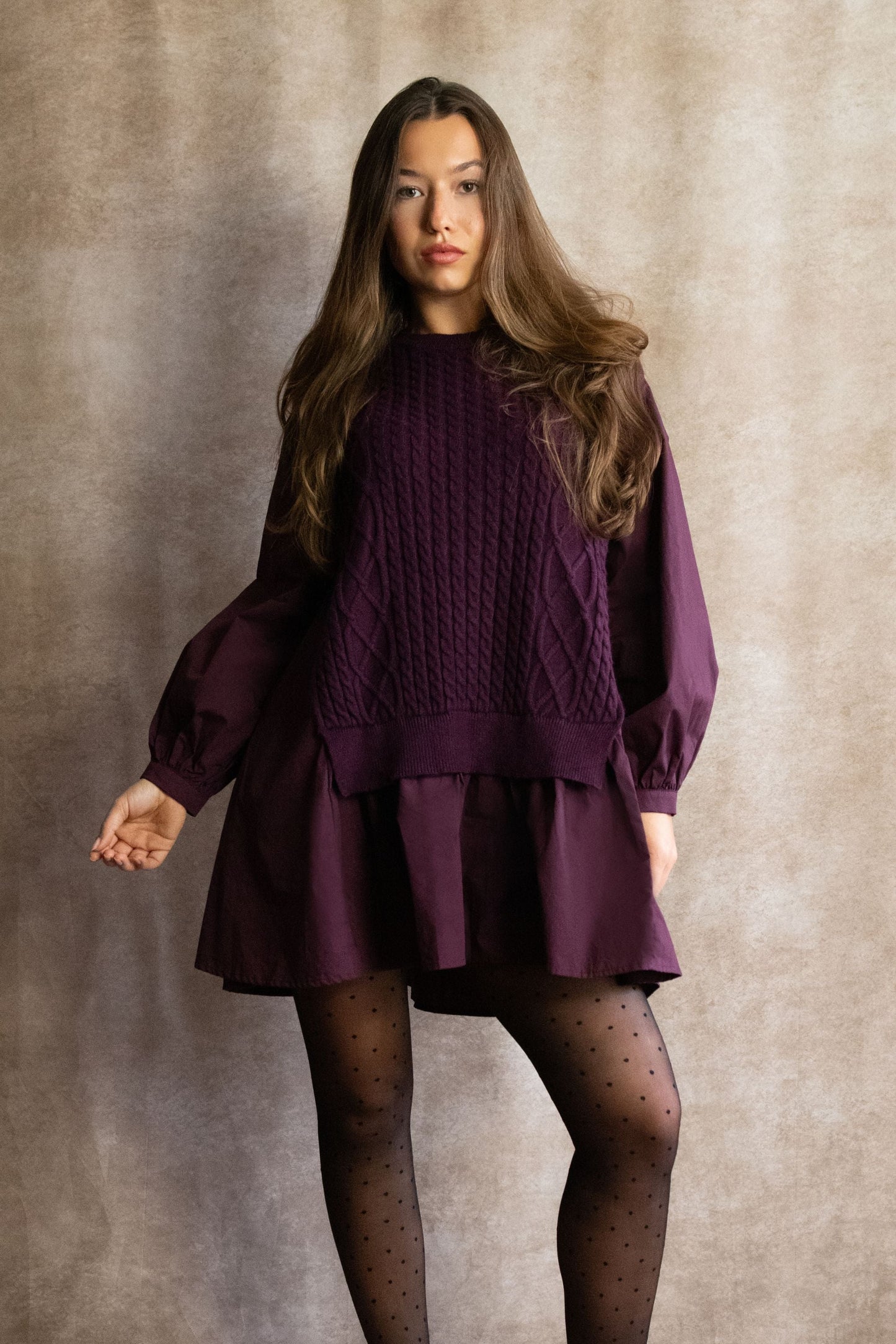 Helga Oversize Faux Layer Tunic Shirt Dress Cable Knit Sweater Trendy - Velora Luxury Fashion