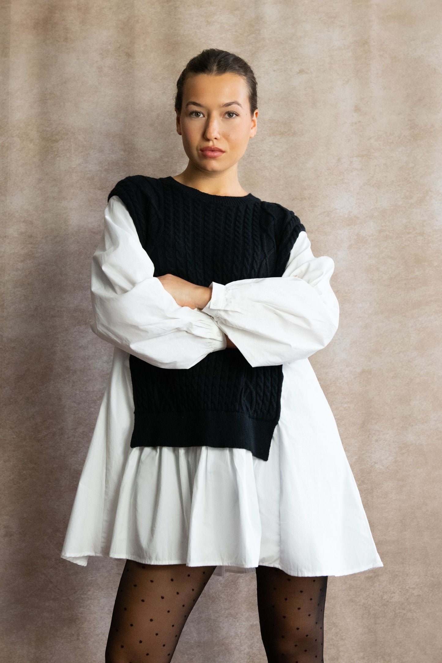 Helga Oversize Faux Layer Tunic Shirt Dress Cable Knit Sweater Trendy - Velora Luxury Fashion