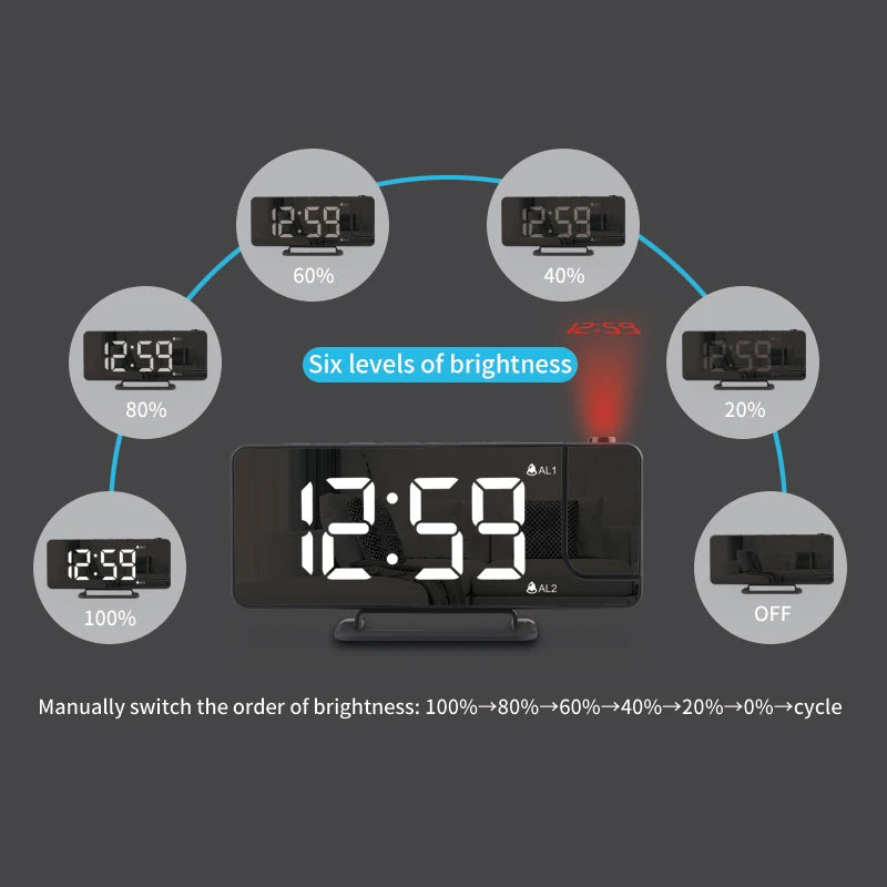LED Mirror Projection Alarm Clock Creative with Charge Phone and Dual Alarm Digital Clock for Bedroom Ceiling - Velora
