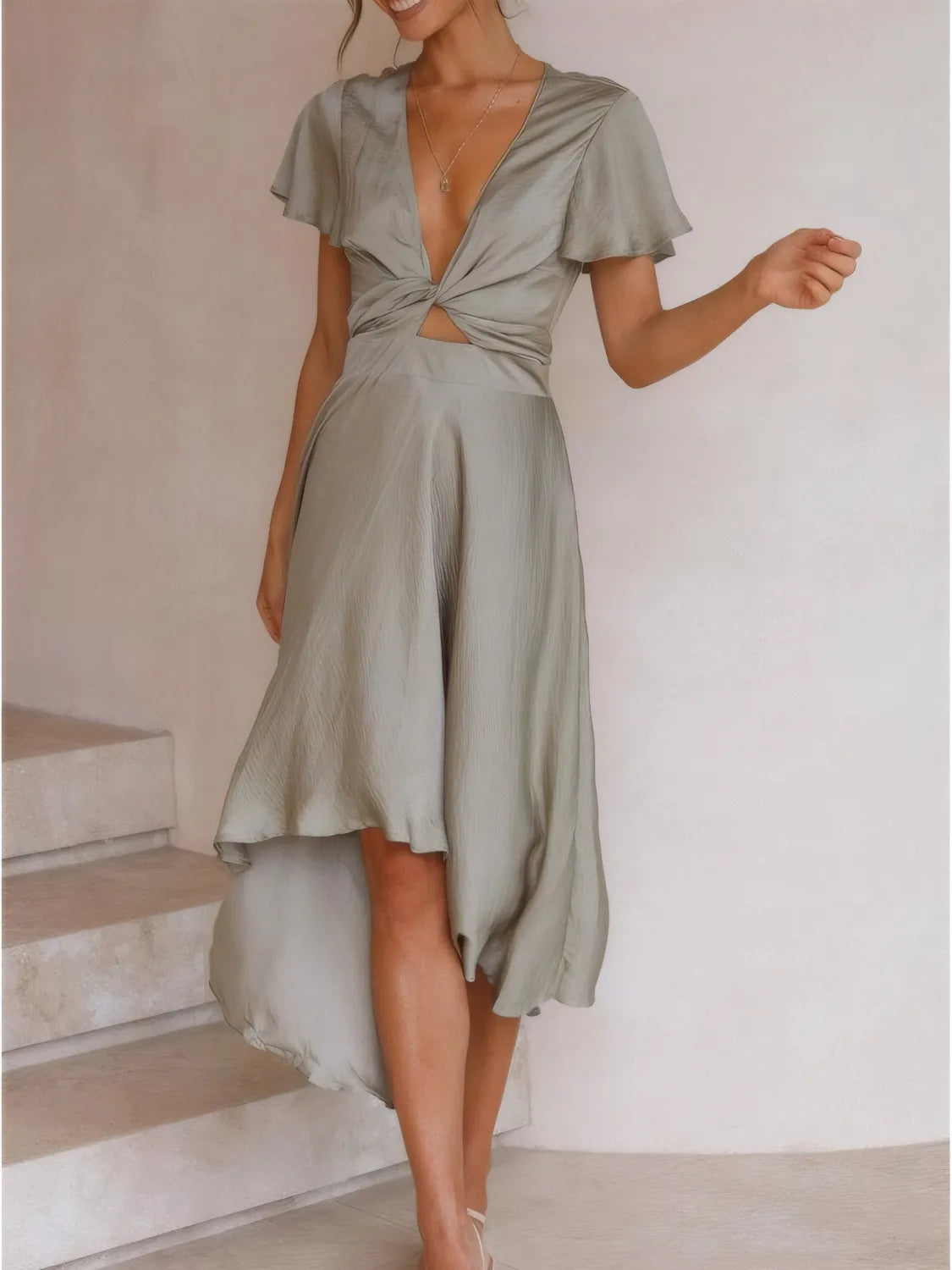 High-Low Plunge Flutter Sleeve Dress - Velora