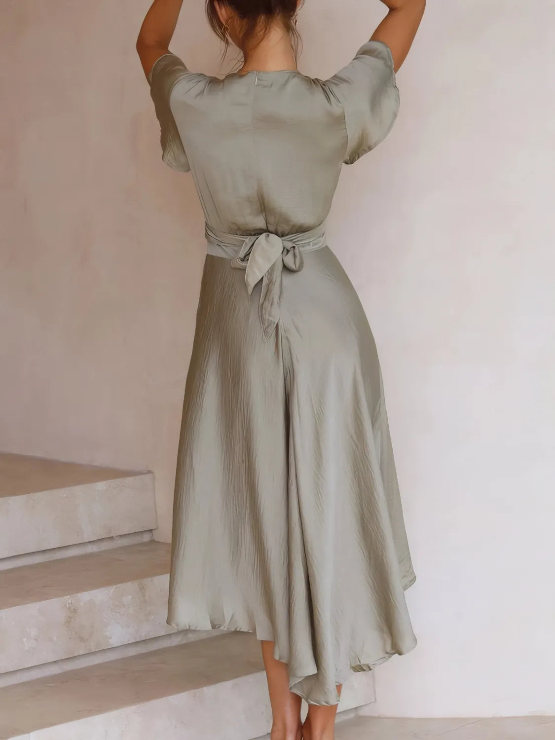 High-Low Plunge Flutter Sleeve Dress - Velora