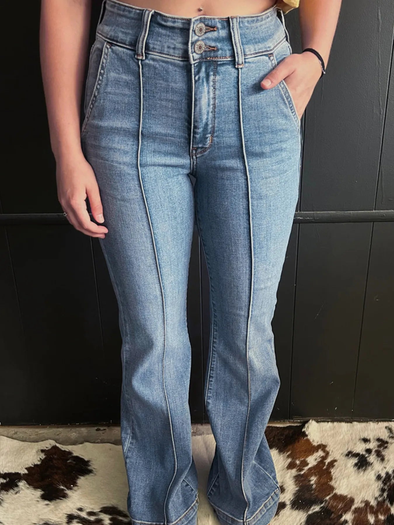 High-Waisted Flare Jeans with Seam Detail - Velora Luxury Fashion