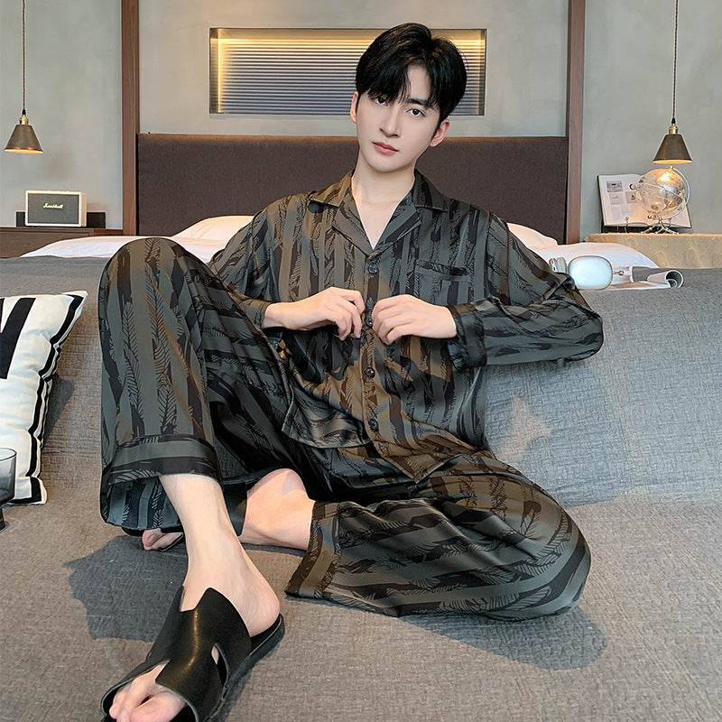 High-grade Ice Silk Men's Pajamas V-neck Thin Trousers Long Sleeve Two-piece Set EX-STOCK Canada